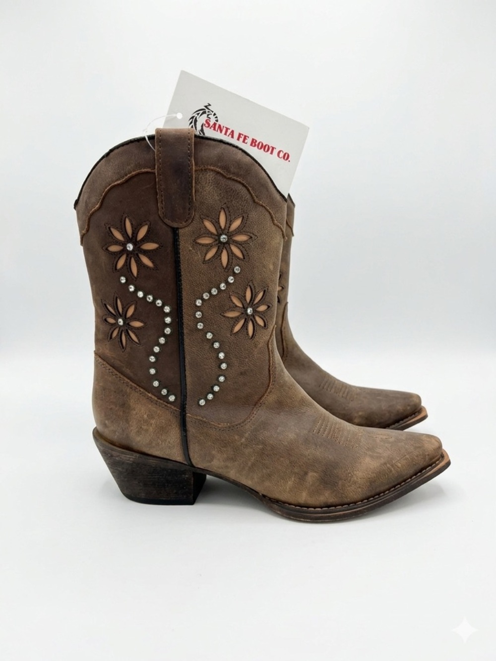 NWT Santa Fe Boot Co Brown Distress Leather Western Cowboy Boots w/ Bling Sz 8